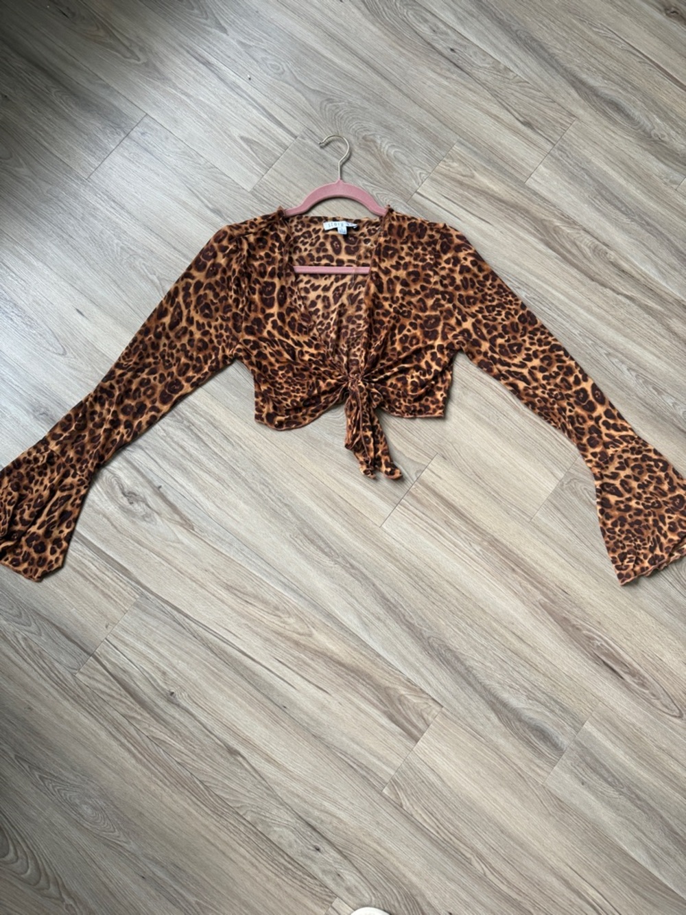 Brown Sheer Leopard Tie-Front Sheer Crop Top with Bell Sleeves - Picture 6 of 9